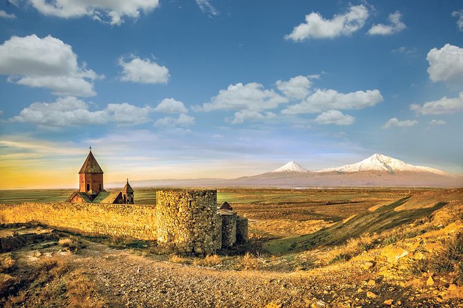 Khor Virap monastery on the Ararat plain, with Mount Ararat behind it